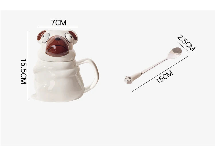 Creative Cartoon Pug Mug Ceramic Large Capacity Cute Water Cup with Lid Spoon Kitchen Drinkware Birthday Gift for Boyfriend