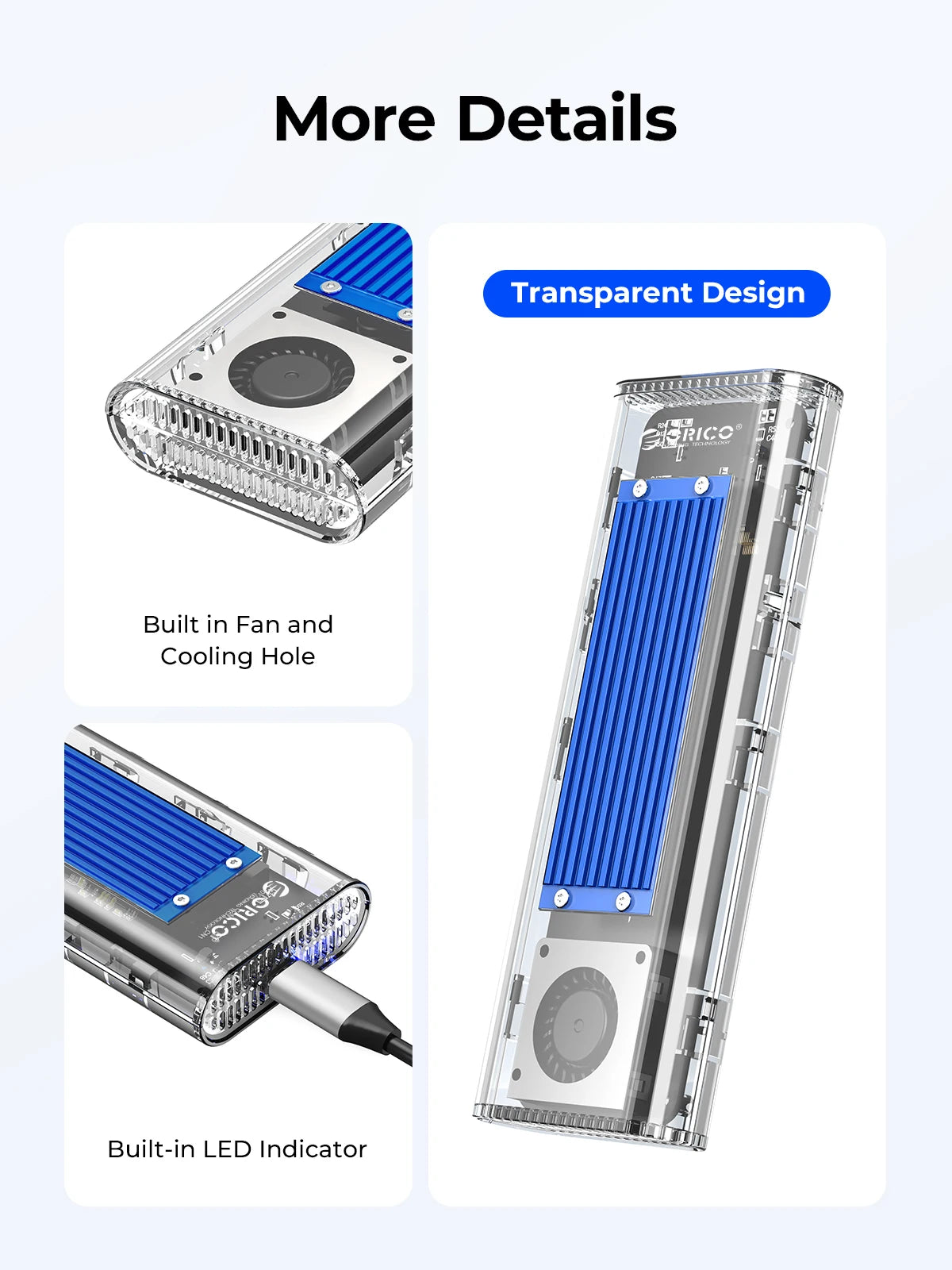 ORICO 20Gbps M.2 NVME SSD Case Enclosure with Cooling Fan USB 3.2 Gen 2 x 2 PCIE NVME Adapter Tool Free 4TB for PCIe M Key