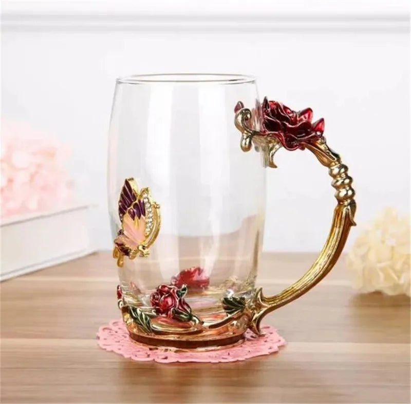 Hand-made Enamel Coffee Mug Crystal Cup Milk Lemon Flower Tea Cup High-grade Glass Drinkware Gift Couple Mug For Lover Wedding
