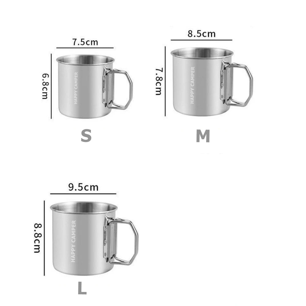 3Pcs Stackable Camping Mug Stainless Steel Portable Cups with Folding Handle Mesh Bag for Touring Trips Outdoor Camping Hiking