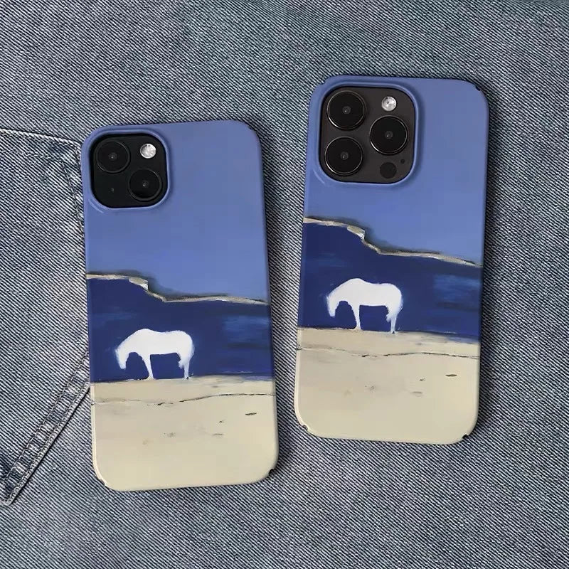 Ins Korean Blue Seaside Horse Phone Case for IPHONE 17 Air 16E 15 PROMAX 14 Plus 13 12 MINI 11 PRO 16Plus XR Acrylic Phone Cover