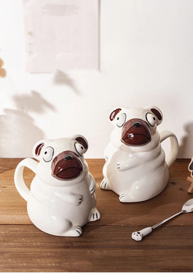 Creative Cartoon Pug Mug Ceramic Large Capacity Cute Water Cup with Lid Spoon Kitchen Drinkware Birthday Gift for Boyfriend