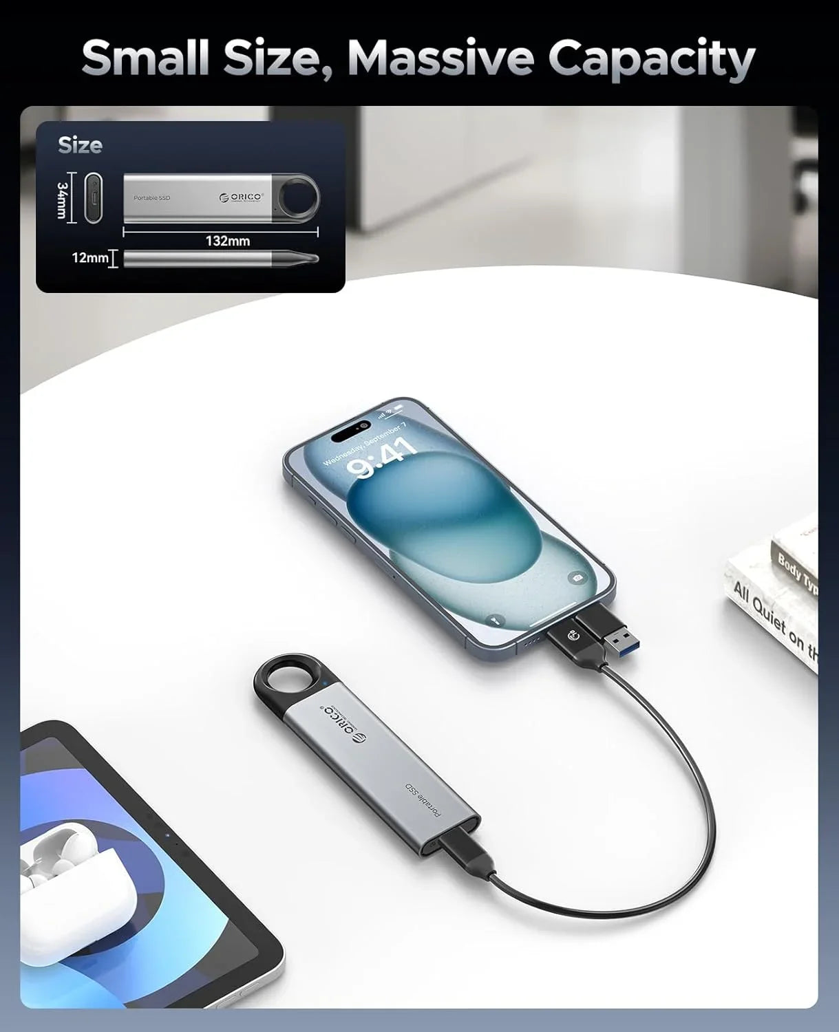 ORICO 1TB External SSD Up to 1050MB/s 550MB/s, Hanging Hole Design Portable Solid State Drive, USB C&A 2 in 1 Cable