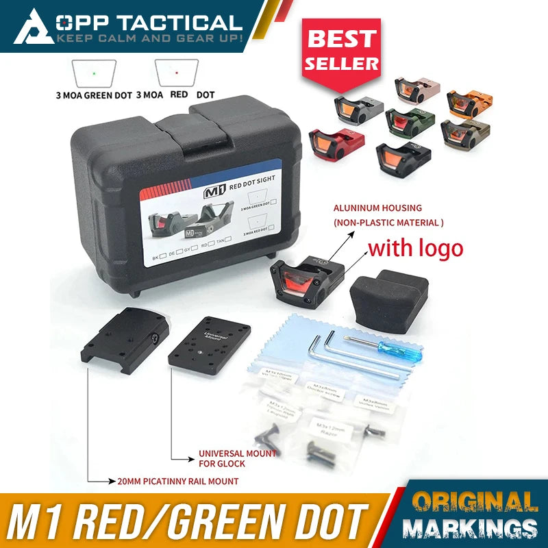 Tactial M1 Green/Red Dot Sight 3MOA with Full Original Markings Airsoft Optics with 20mm Rail and Universal Glock Mount Plate