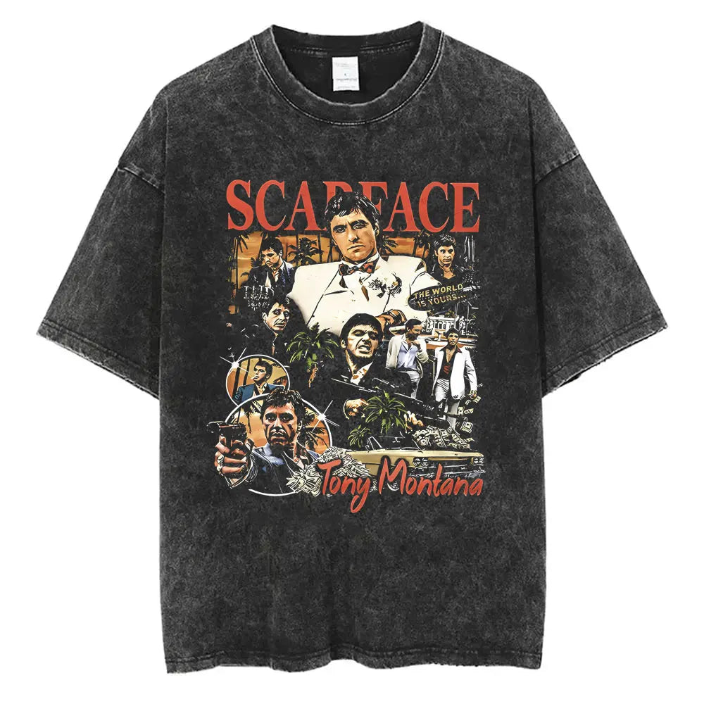 90s Classic Gangsters Movie Scarface Print T-shirts Tony Montana Al Pacino Vintage Washed Cotton Tshirt Men Women Rock T Shirts