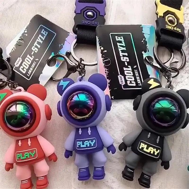 PVC Astronaut Bears Key Chains Fashion Cute Animal Keyring Holder for Daily Car Jewelry Laser Accessories Gift Wholesale