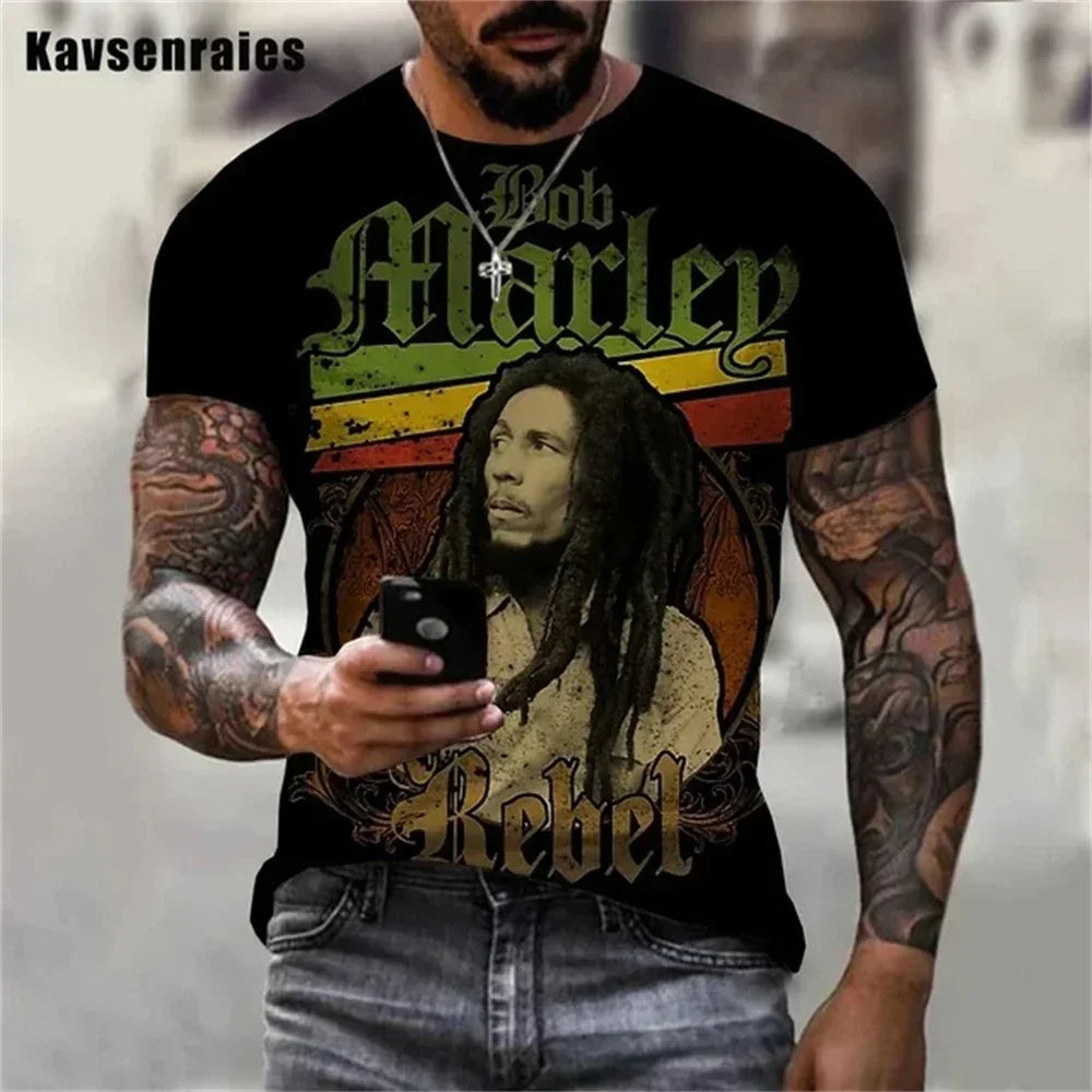 2025 Summer Men's T-shirts Rock Bob Marley 3d Print O-neck Short Sleeve Street Hip-hop Shirt Oversized Tops & Tees Men Clothing