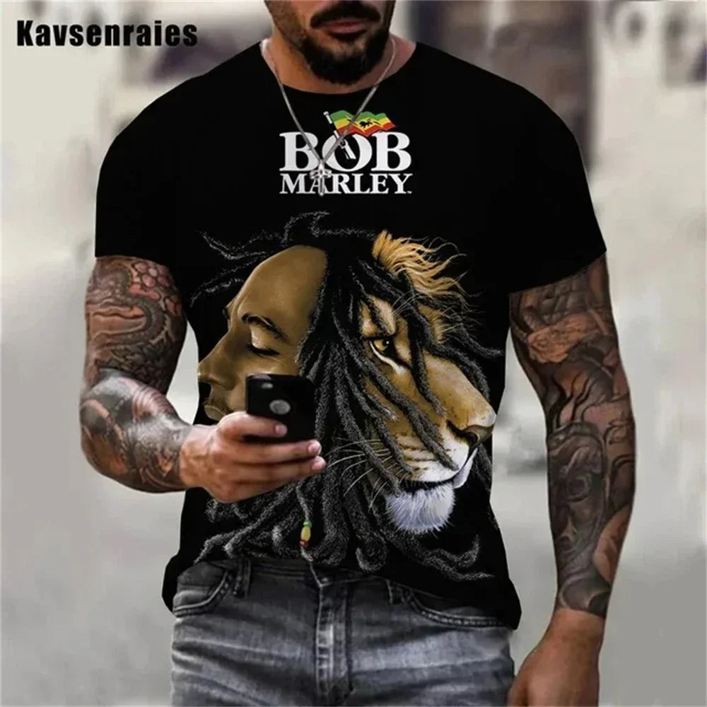2025 Summer Men's T-shirts Rock Bob Marley 3d Print O-neck Short Sleeve Street Hip-hop Shirt Oversized Tops & Tees Men Clothing