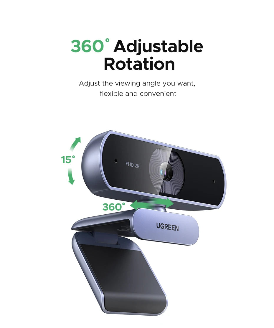 UGREEN 2K Webcam with Microphone, Full HD USB Web Camera, Adjustable FOV, Auto Light Correction, Video Webcam for Streaming