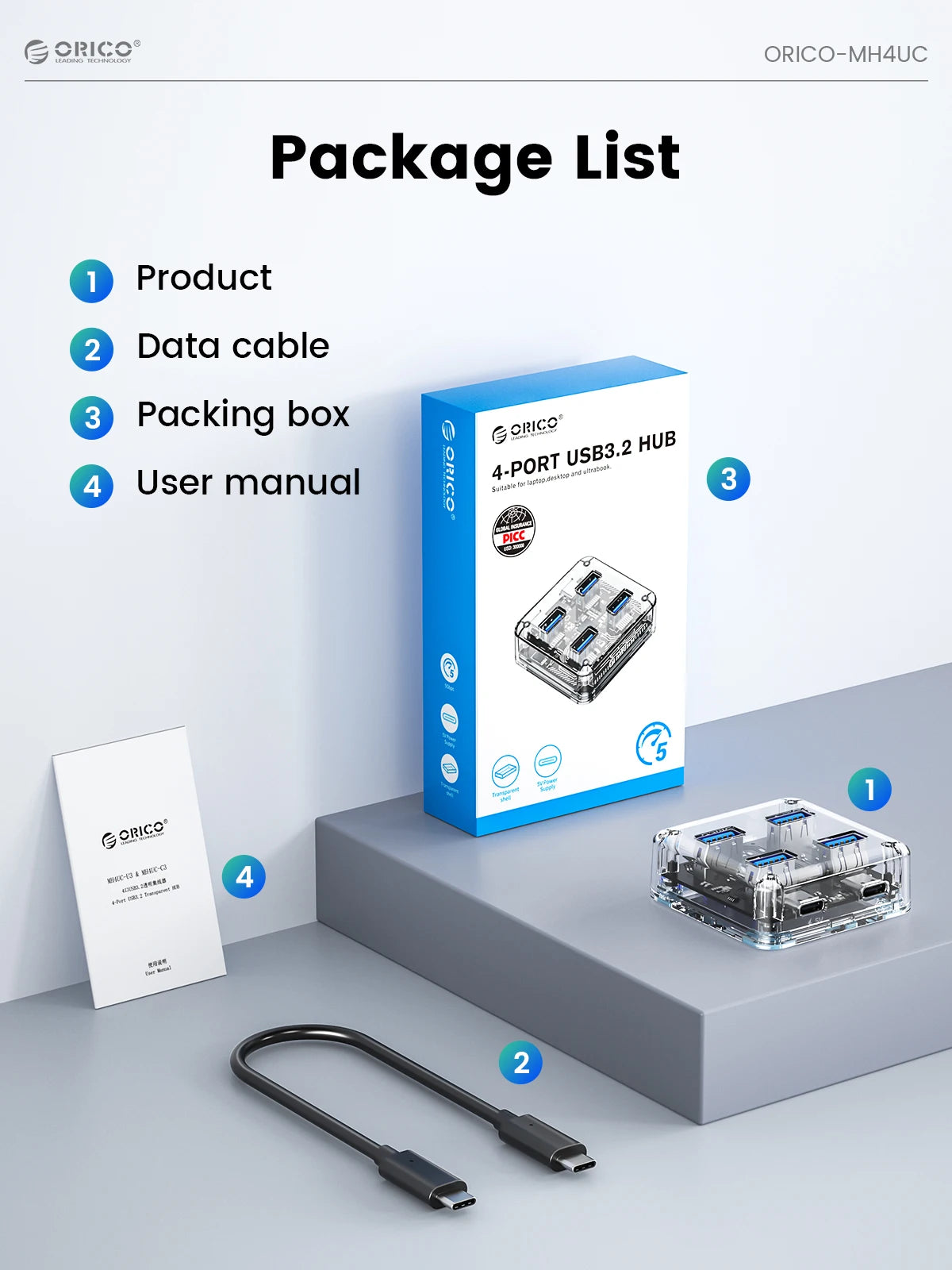 ORICO Transparent Usb C Hub 4 Port Expansion With Power Supply Interface Usb 3.2 Protocol High Speed Transmission OTG Dapter