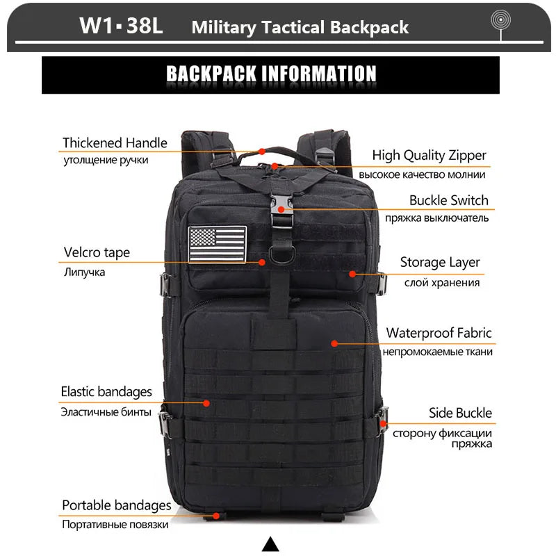 Tactical Backpack 3 Day Assault Pack Molle Bag 38/45L Large Outdoor Waterproof Hiking Camping Travel 600D Rucksack Men Fishing