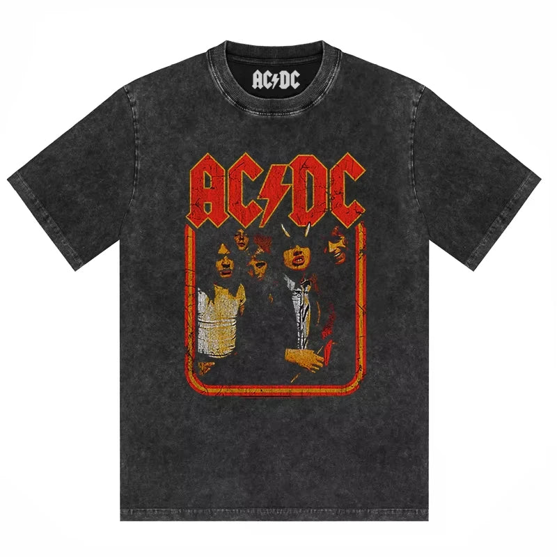 ACDC Band Printed T-shirt Washed Retro Old Short Sleeve Trendy Couple Comfortable Loose Casual Fashion New Men's Clothing