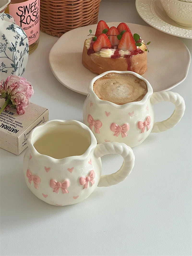 Thickened Cream White Mug Cute Bow Cartoon Ceramic Cup with Handle Milk Cup Coffee Cup Modern Simple Universal Water Cups
