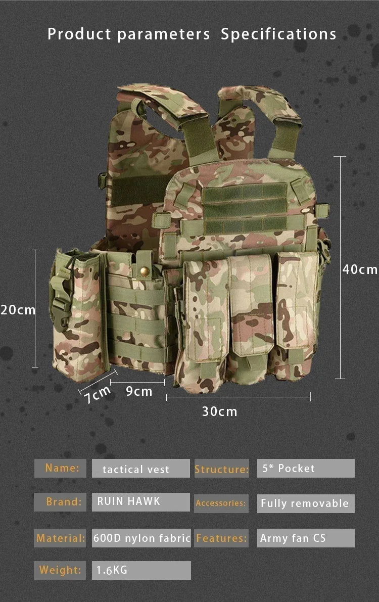 6094 Military Tactical Vest Body Armor Combat Army CS Gear Hunting Plate Carrier Airsoft Accessories Wargame Pouch Molle Vest