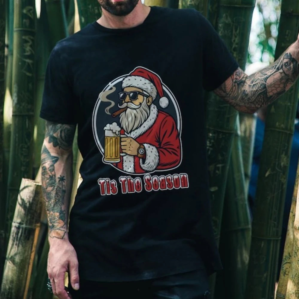 Funny Santa Beer T-Shirt Tis The Season Christmas Graphic T Shirts Woman Man New Year Xmas Cotton Short-sleev Vintage  Festival