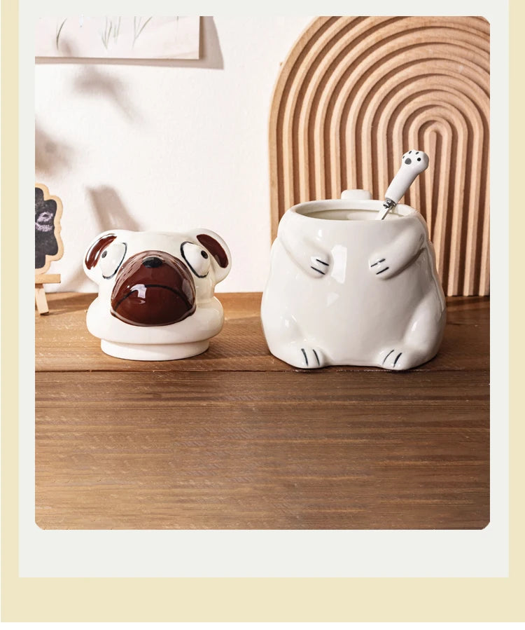 Creative Cartoon Pug Mug Ceramic Large Capacity Cute Water Cup with Lid Spoon Kitchen Drinkware Birthday Gift for Boyfriend