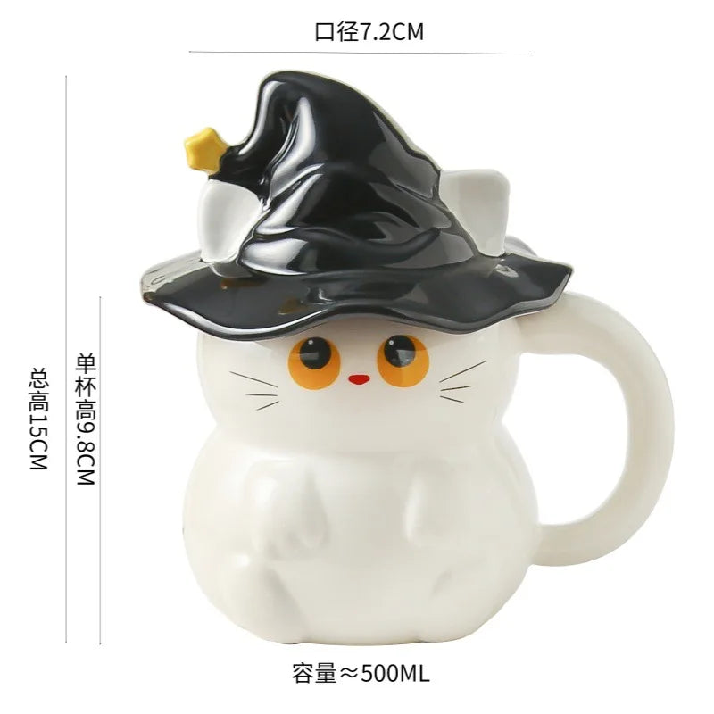 Creative Magic Hat Cat Ghost Ceramic Mugs with Lid Personalized Coffee Cups Couple Milk Cup Breakfast Mug Halloween Gifts