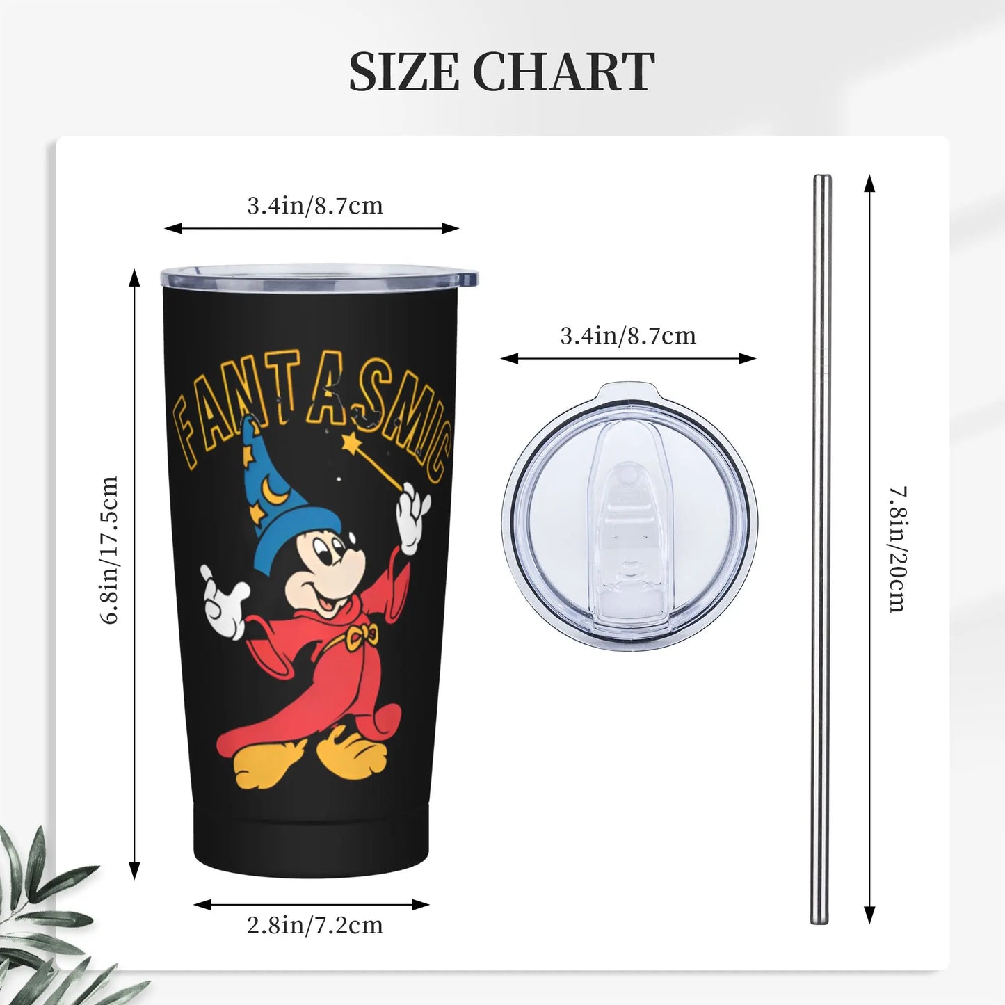 Cartoon Fantasia Mickey Tumbler Vacuum Insulated Magic Wizard Thermal Cup with Lid Straw Office Home Mugs Hot Cold Drink, 20oz