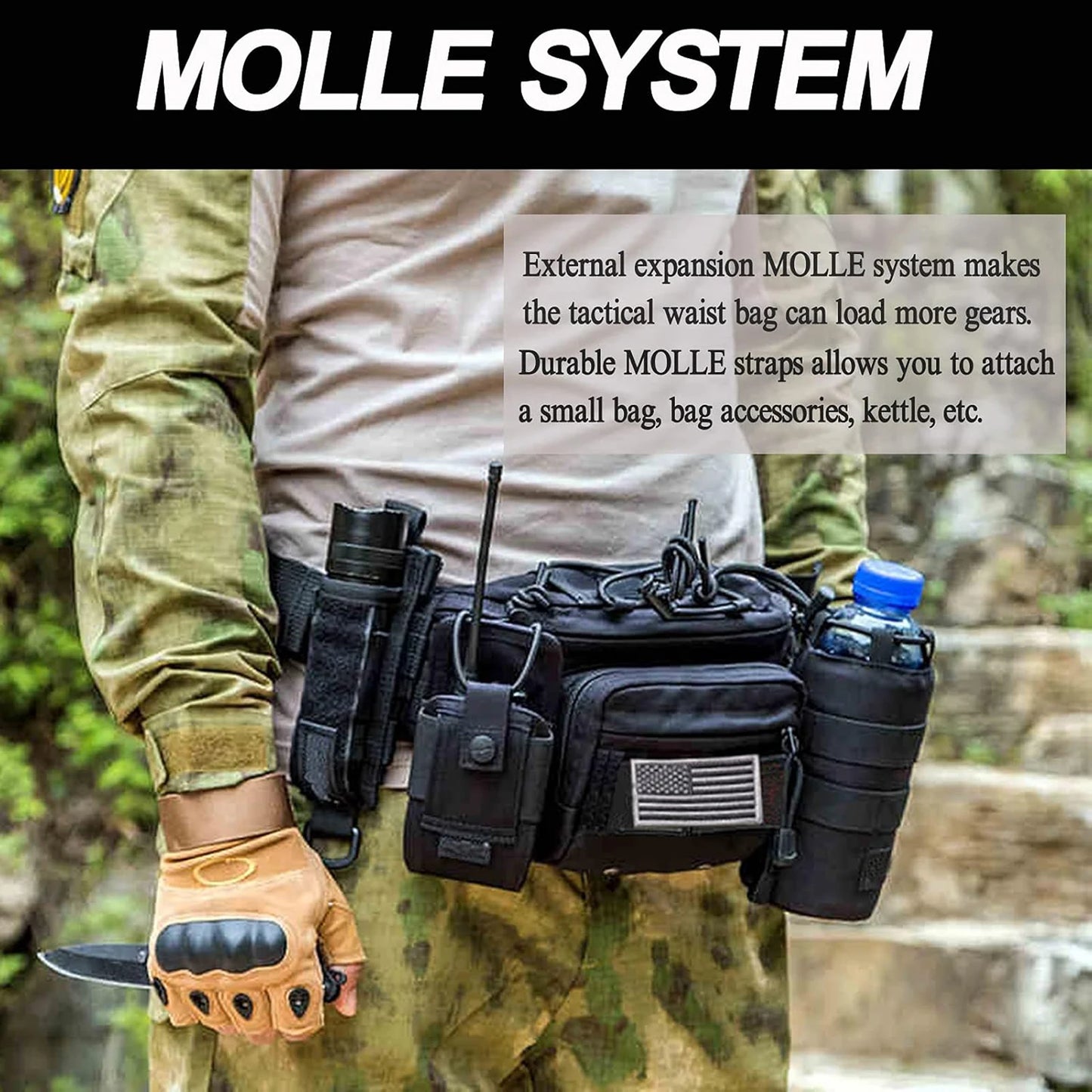 Tactical Fanny Pack,  Waist Bag Hip Belt Bumbag Utility Bags for Outdoor Hiking Climbing Fishing with U.S Patch