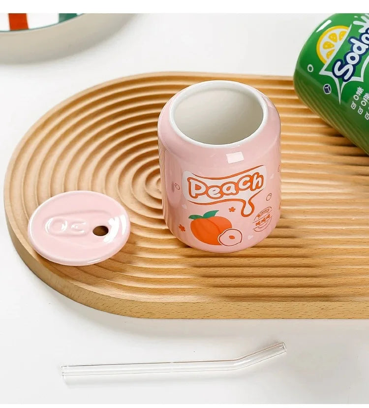 Fresh Creative Fruit Straw Cup Coke Soda Bottle Ceramic Mug with Lid Couple Souvenir Home Drinking Utensil Kitchen Appliance