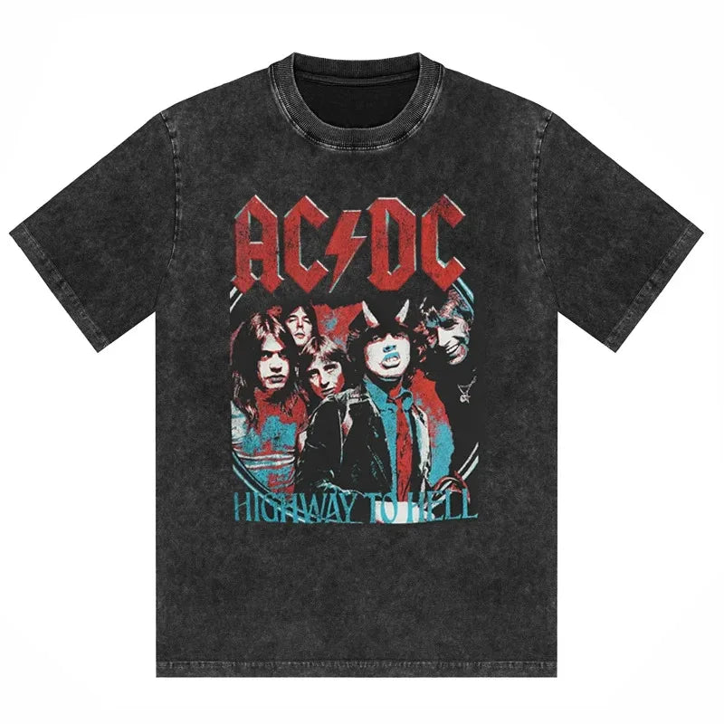 ACDC Band Printed T-Shirt Washed Retro Old Short Sleeve Trendy Couple Comfortable Loose Casual Fashion New Men'S Clothing