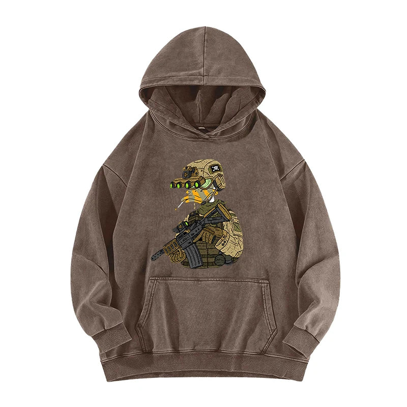 Tactical Duck Soldier Graphic Vintage Washed Hoodie Men'S Streetwear Loose Casual Hooded Sweatshirt Military Style Fashion Top