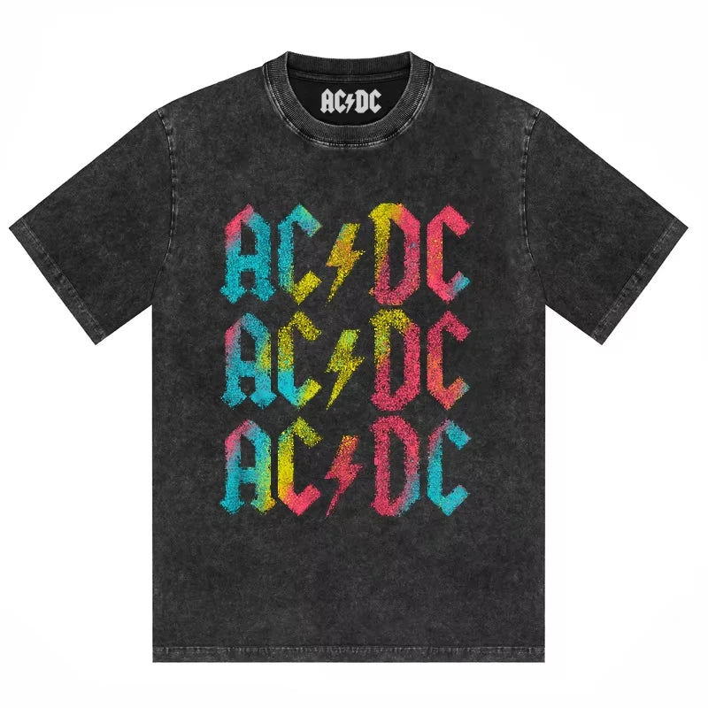 ACDC Band Printed T-shirt Washed Retro Old Short Sleeve Trendy Couple Comfortable Loose Casual Fashion New Men's Clothing