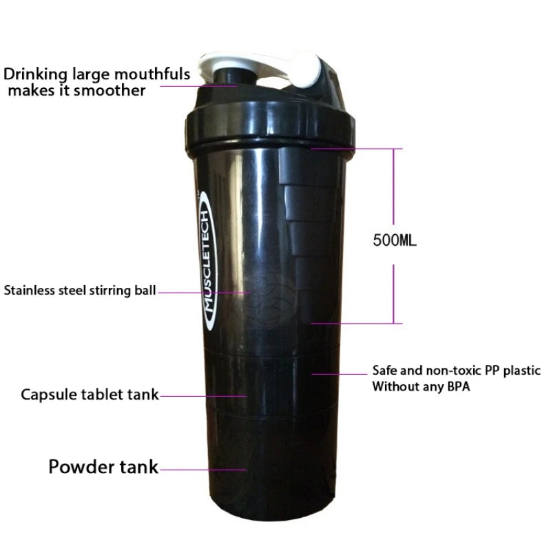 3 Layers Shaker Protein Bottle Powder Shake Cup Large Capacity Water Bottle Plastic Mixing Cup Body-Building Exercise Bottle