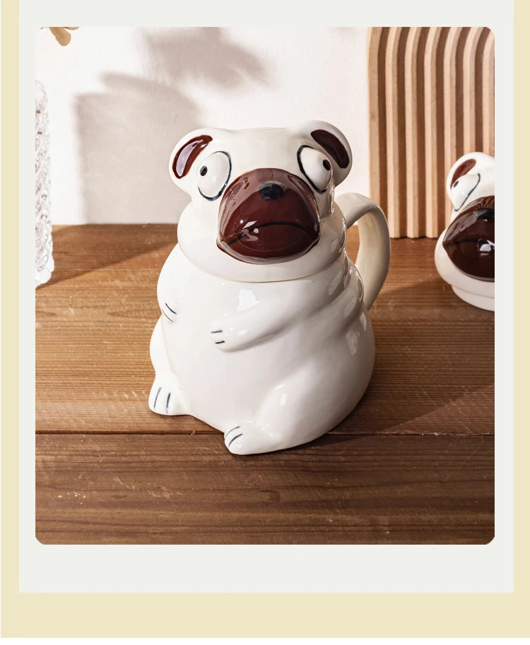 Creative Cartoon Pug Mug Ceramic Large Capacity Cute Water Cup with Lid Spoon Kitchen Drinkware Birthday Gift for Boyfriend