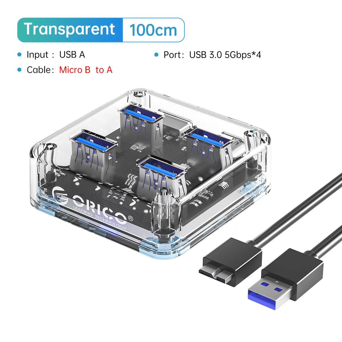 ORICO Transparent Usb C Hub 4 Port Expansion With Power Supply Interface Usb 3.2 Protocol High Speed Transmission OTG Dapter