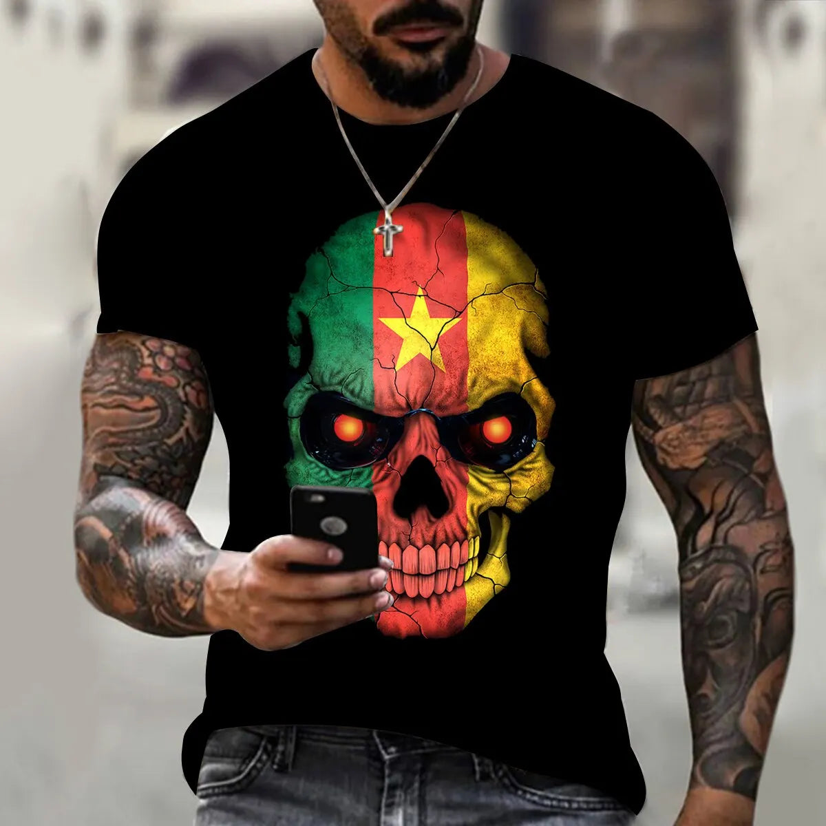 New Men's 3D Printed Short Sleeve T-Shirt with Skull Pattern Summer Vintage Men's Short Sleeve Street Casual Men's Top T-Shirt