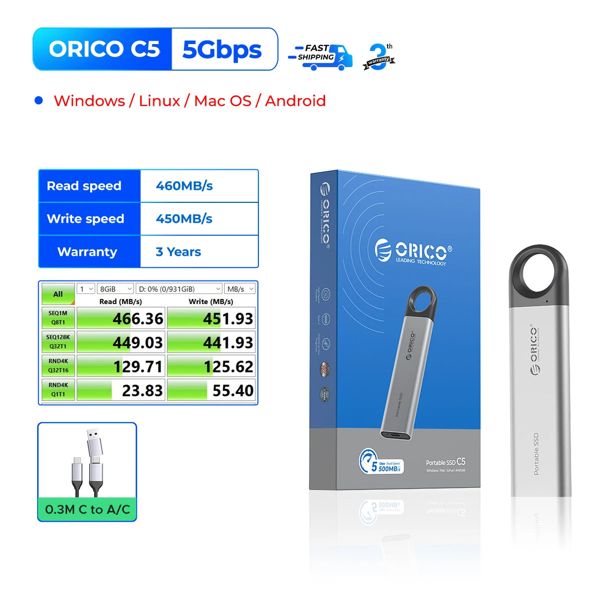 ORICO 1TB External SSD Up to 1050MB/s 550MB/s, Hanging Hole Design Portable Solid State Drive, USB C&A 2 in 1 Cable