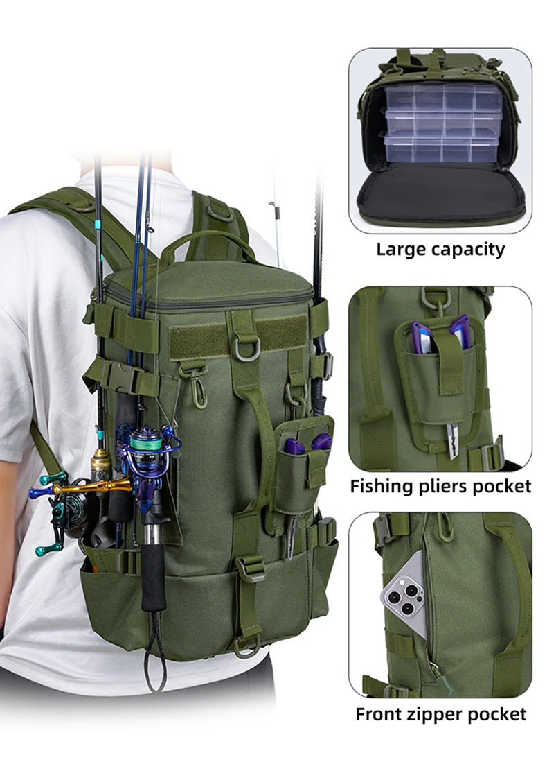 Tactical Fishing Backpack Tackle Bag with Rod Holders Fish Equipment Storage Molle Camping Hiking Outdoor Multifunctional Bag