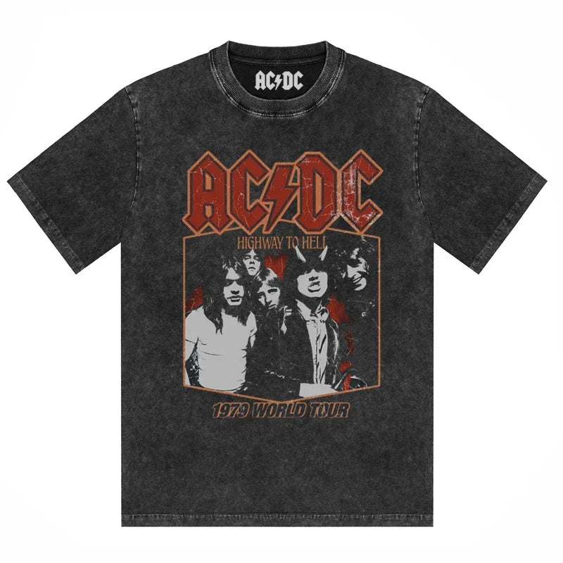 ACDC Band Printed T-Shirt Washed Retro Old Short Sleeve Trendy Couple Comfortable Loose Casual Fashion New Men'S Clothing