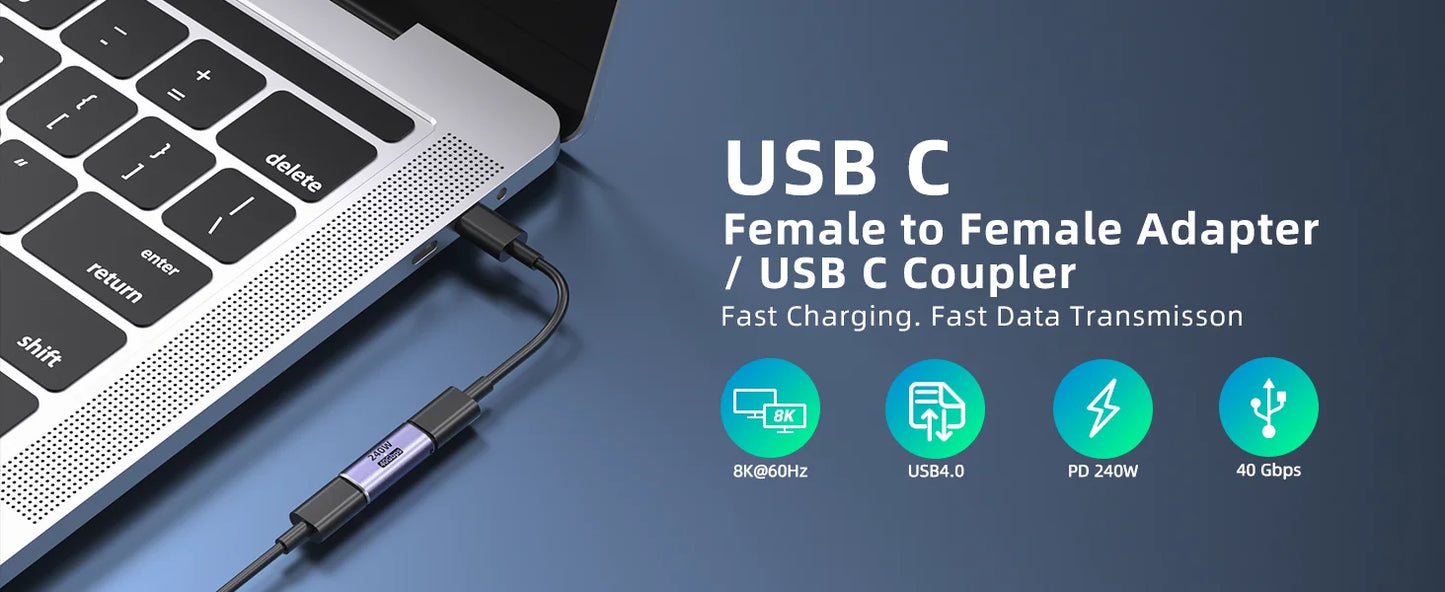 USB C Female to Female Adapter with PD 240W 40Gbps 8K 60hz Video Compatible for Thunderbolt 4/3, MacBook Pro/Air,iPad, USB-C HUB