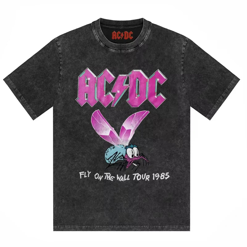 ACDC Band Printed T-shirt Washed Retro Old Short Sleeve Trendy Couple Comfortable Loose Casual Fashion New Men's Clothing