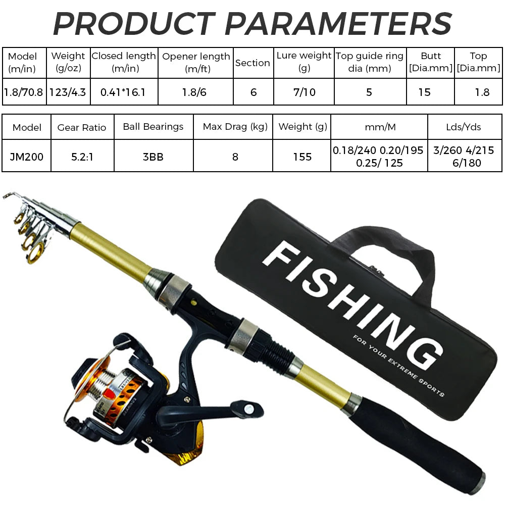 Fishing rod Set 1.8M Full Kits With Telescopic Fishing Rod And Spinning Reel 5.2:1 Baits Hooks Travel Pole Set 2025 NEW