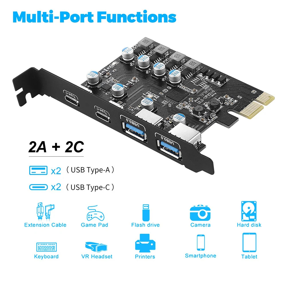 PCI Express Card  2Port USBA/ USBC 5Gbps USB3.2 Gen1 USB3.0 PCIE Card Expansion Add on Card Adapter for Windows/Linux