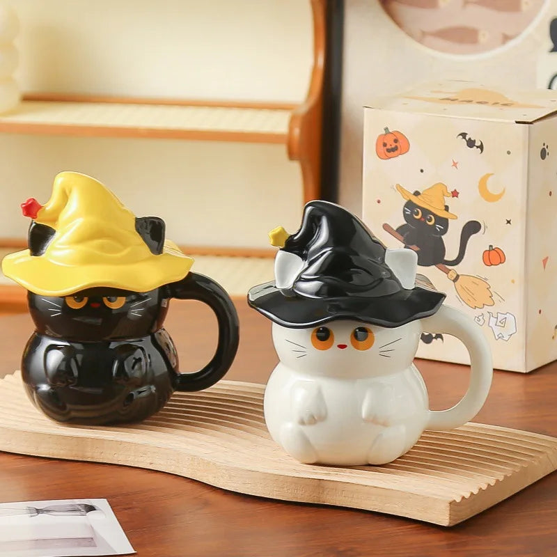 Creative Magic Hat Cat Ghost Ceramic Mugs with Lid Personalized Coffee Cups Couple Milk Cup Breakfast Mug Halloween Gifts