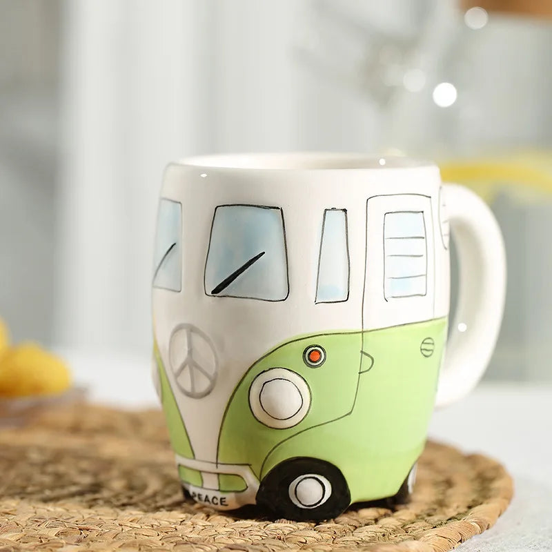 Creative Hand Painting Double Bus Mug Cartoon Ceramic Milk Tea Water Coffee Mugs Home Office School Drinkware Cup Novetly Gifts