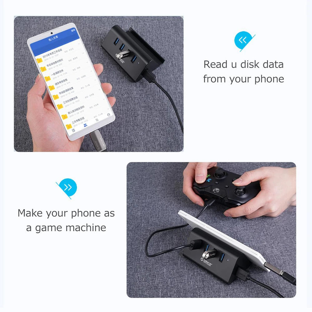 ORICO USB HUB High Speed Mini 4 Port USB 3.0 HUB for Desktop Laptop with Phone and Tablet Stand Computer Accessories Black