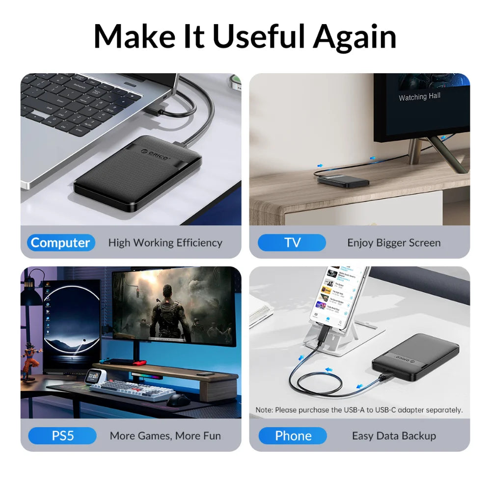 orico 2.5 Inch HDD Case SATA to USB3.0/Type-C Hard Drive Enclosure 6Gbps Max USB-C External SATA HDD enclosure Support Uasp