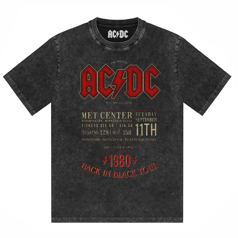 ACDC Band Printed T-Shirt Washed Retro Old Short Sleeve Trendy Couple Comfortable Loose Casual Fashion New Men'S Clothing