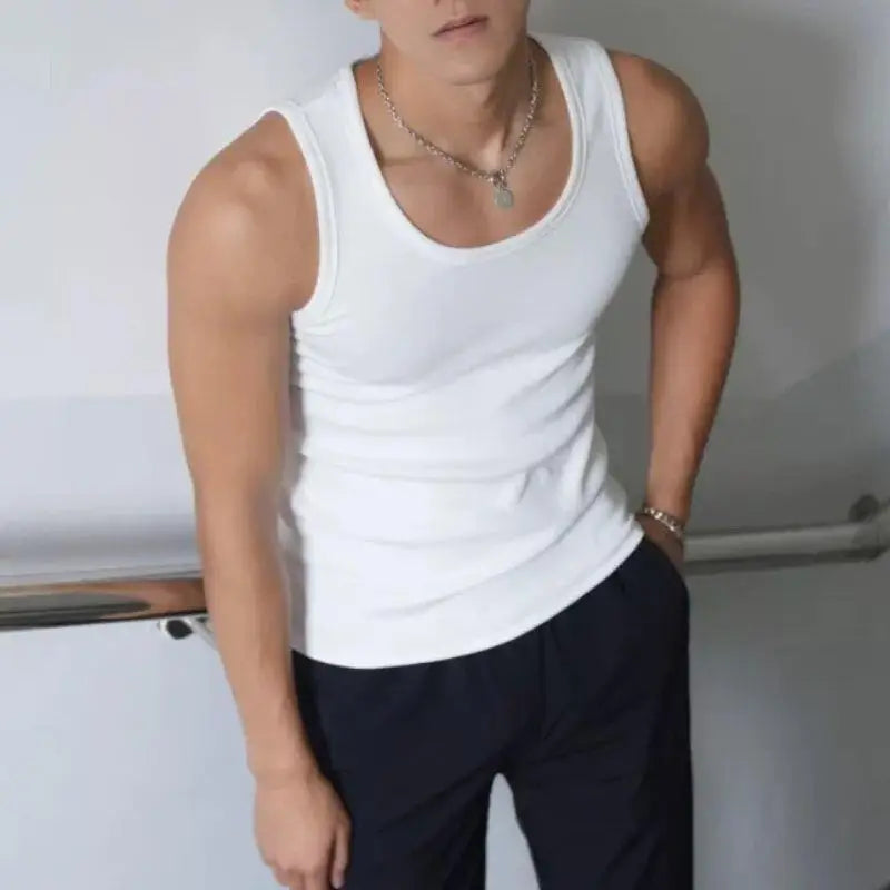 HOT Men's Four Seasons Black And White Classic Color Basic Vest Plus Size Youth Sports And Leisure Running Joker Bottoming