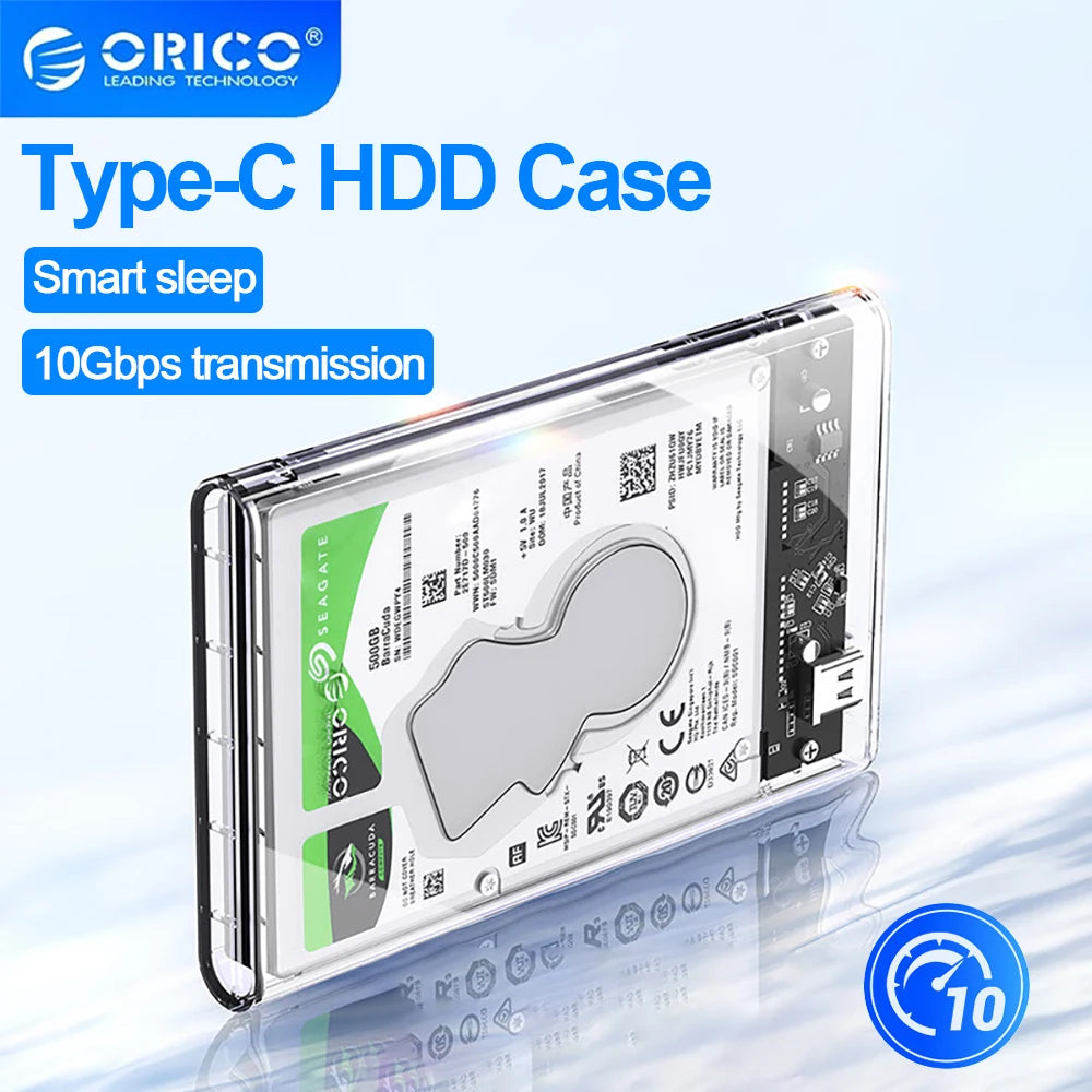 ORICO 2.5'' SATA to USB C Transparent HDD Case Tool Free 6Gbps Support 4TB UASP Protocol For 9.5mm Below Hard Drive Enclosure