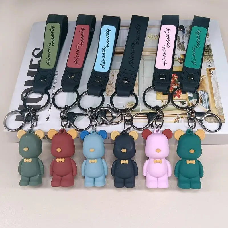 Cute Pvc Tie Bear Keychain Silicone Animal Doll Pendant Keyring With Wristband For Couple Backpack Bag Key Accessories Kid Gifts