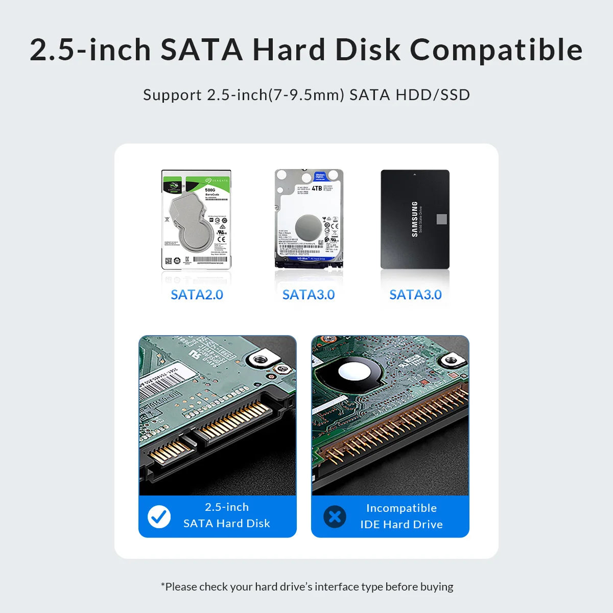 orico 2.5 Inch HDD Case SATA to USB3.0/Type-C Hard Drive Enclosure 6Gbps Max USB-C External SATA HDD enclosure Support Uasp