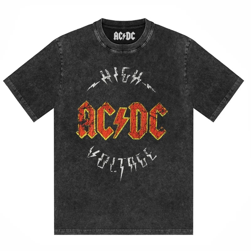 ACDC Band Printed T-Shirt Washed Retro Old Short Sleeve Trendy Couple Comfortable Loose Casual Fashion New Men'S Clothing