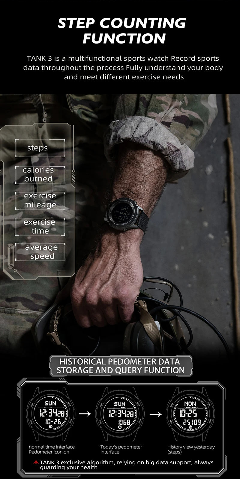 NORTH EDGE TANK 3 Men's Digital Militray Watches Outdoor Sports Watch  Pedometer Calories Compass Waterproof 50M Wristwatches