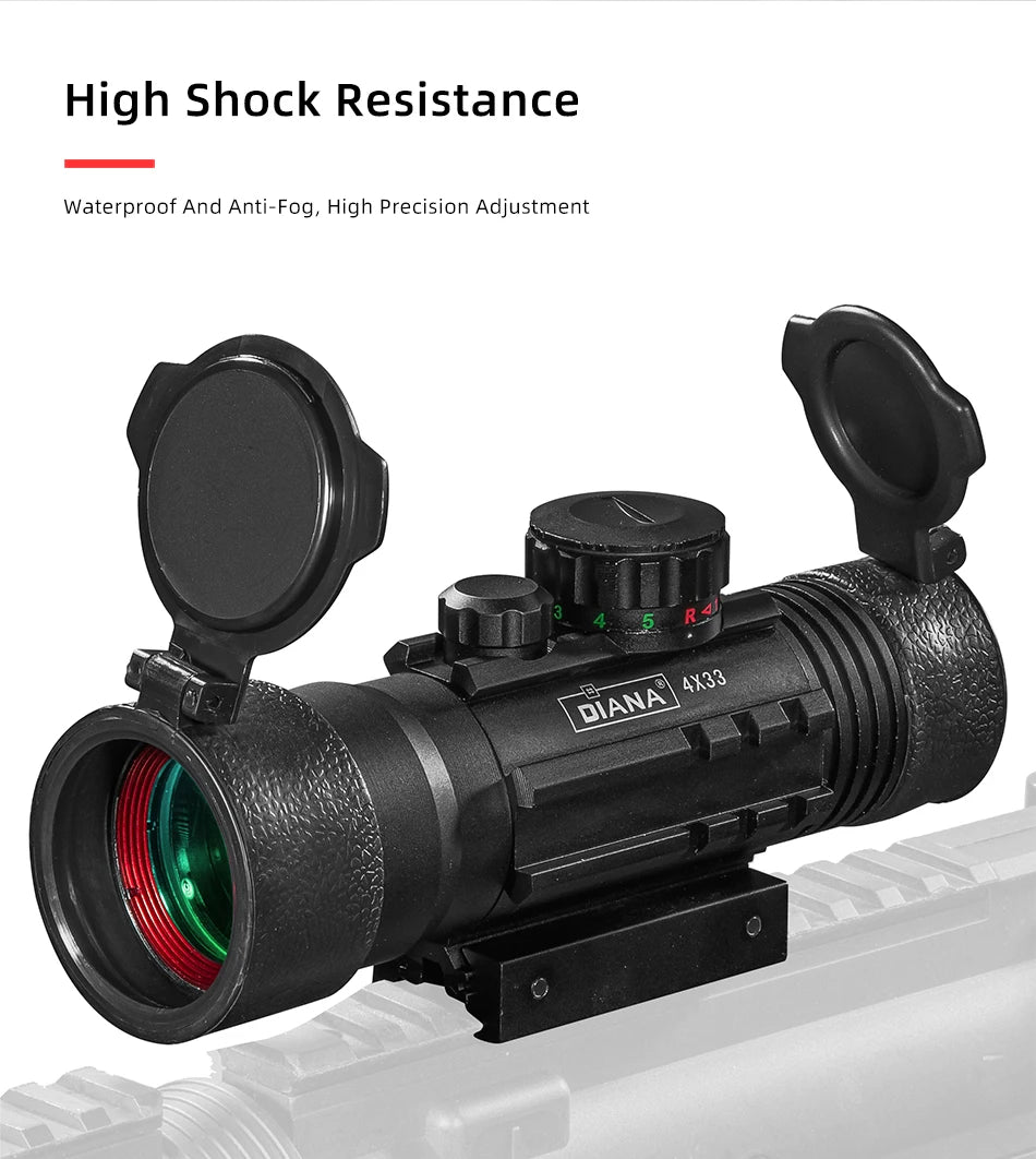 DIANA 4X33 Red and Green Dot Scope Tactical Optical Rifle Scope with rails for 11 / 20mm Orbital Rifle Scope